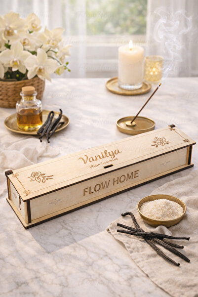 Flow Home Doğal Vanilya Tütsü ,40 Adet Ahşap Kutulu Çubuk Tütsü, 60 Dakika Uz...