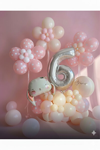Çemrek Süs Parti Somon Pembe Papatya Aparatlı Folyo Yaş Balon Seti Tavşan Bal...