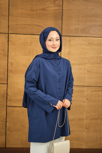 LOCCO Women's Sleeve Cuffed Button Detailed Shirt Navy Blue