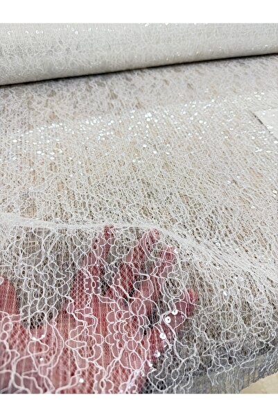 METERİAL Ecru Sequined Corded Lace Fabric 135 cm Wide – Tulle Lace for Evenin...