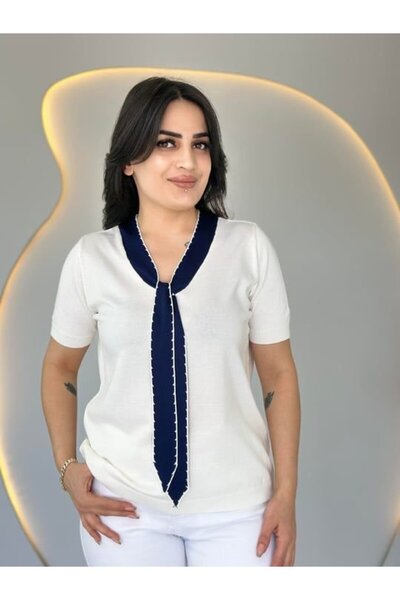 civetta Women's Short Sleeve V-Neck Scarf Detail Mercerized Knitwear Blouse