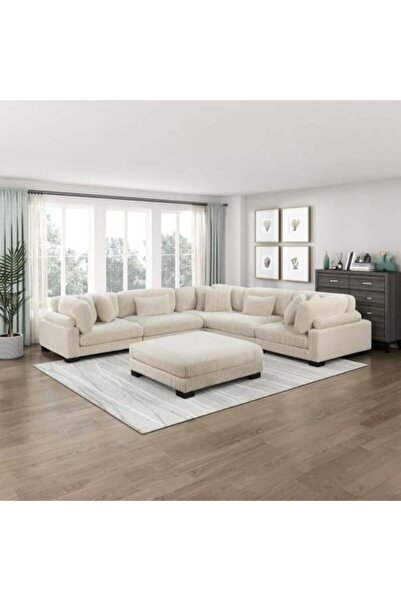 homejoyz Corner sofa with corduroy fabric pouf and Swedish wood – 330×330×85 cm