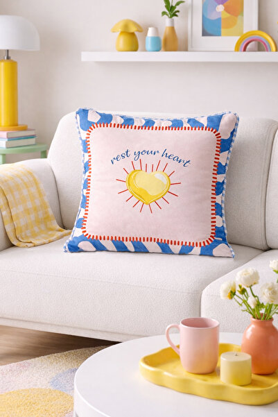 RİTMOHOME Renkli, Sloganlı, Yaz, Kalpli, Biyeli, Modern, Çizgili, 50x50 Çift ...
