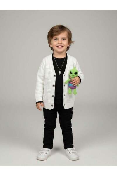 Zekids Baby White Knitwear Cardigan with Stripe Detail