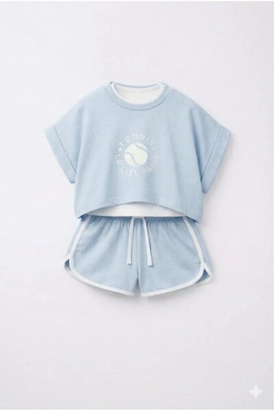 Magu Girl's Cotton Blue Printed T-Shirt and Shorts Set - Contrast Stripe Detail