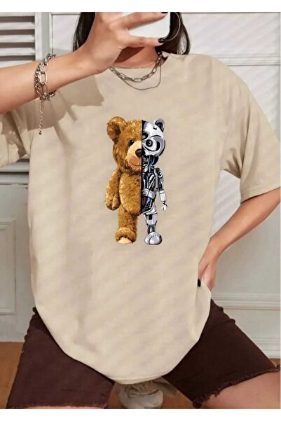 YK WEAR ΓΥΝΑΙΚΕΙΟ/ΚΟΡΙΤΣΙΣΤΙΚΟ Υπερμεγέθες Μπεζ Μπλουζάκι με Μισό Βελούδινο κ...