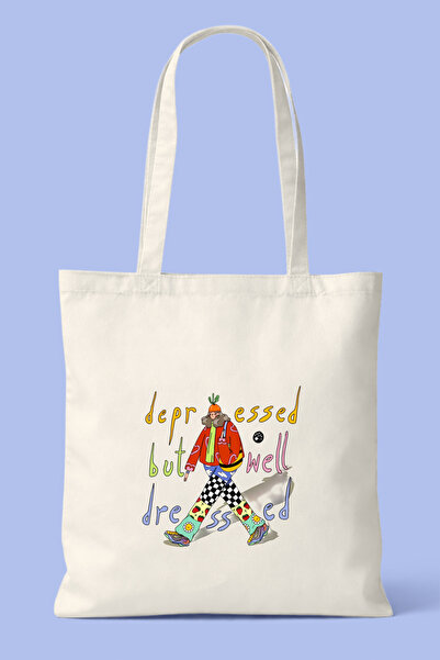 Hayali Şeyler Depressed but Well Dressed Printed Tote Bag - Casual Shoulder Bag