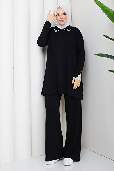 Pamuk Butik Women's Tulle Detailed Two-Piece Mercerized Knitwear Set with Tro...