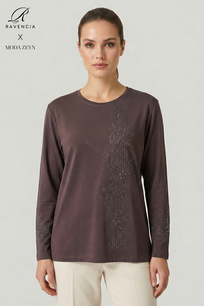 Ravencia Γυναικεία μπλούζα από χτενισμένο βαμβάκι με ριγέ σχέδιο, κέντημα με ...