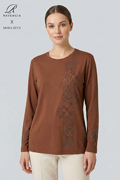 Ravencia Women's Stripe Patterned Collar and Skirt Stoned Embroidered Slit Ly...