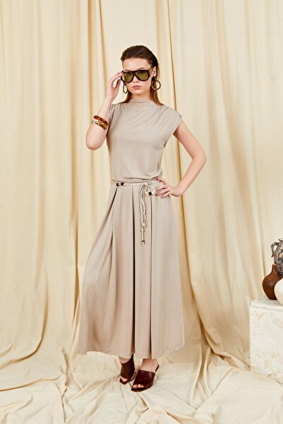 TENA Women's Mink 117 Shoulder Draped Pleated Long Skirt Suit