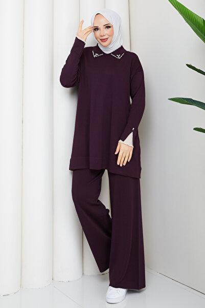 Pamuk Butik Women's Tulle Detailed Two-Piece Mercerized Knitwear Set with Tro...