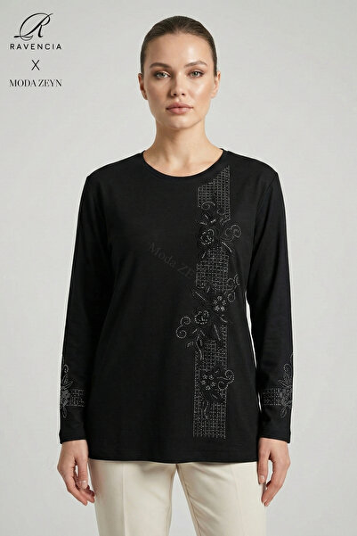 Ravencia Women's Stripe Patterned Collar and Skirt Stoned Embroidered Slit Ly...