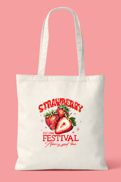 Hayali Şeyler Strawberry Festival Çilek Baskılı Bez Çanta - Günlük Omuz Çantası