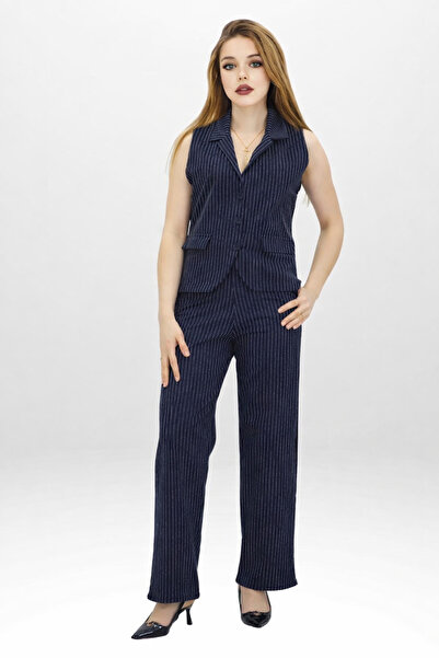 Love Benti Women's Navy Blue Shirt Collar Striped Blazer Style Buttoned Vest ...