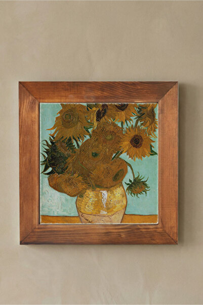 Homevetica Vincent Van Gogh - On İki Ayçiçekli Vazo - Doğal Ahşap Çerçeveli T...