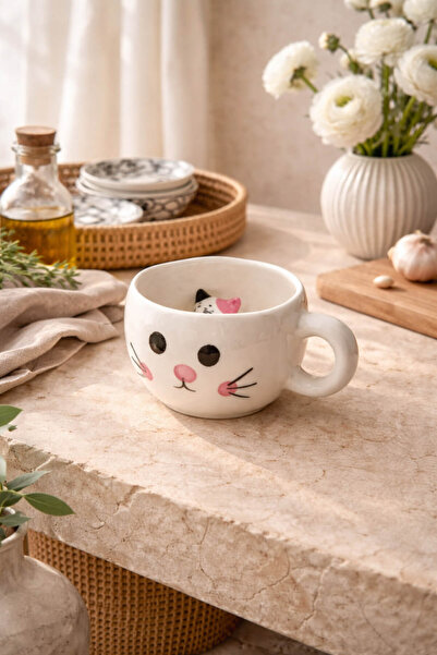 Anadolu Saray Ceramic Mug with Cat Figure and Cat Print Handmade Cute Design ...
