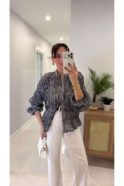 ALVOR Gipe Detailed Ethnic Patterned Hakim Collar Chiffon Shirt