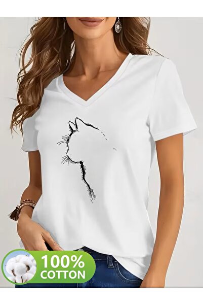 yombaa تي شيرت برقبة على شكل حرف V، تي شيرت بسيط مطبوع عليه رسومات قطط