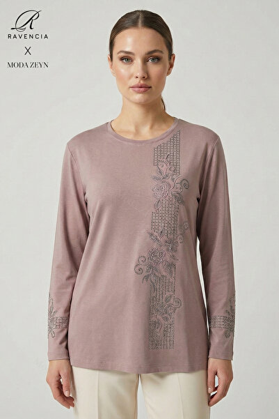 Ravencia Women's Stripe Patterned Collar and Skirt Stoned Embroidered Slit Ly...