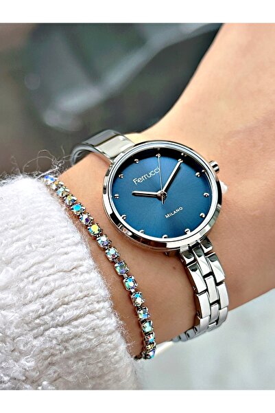 Ferrucci LACİVERT KADRANLI TAŞ RAKAMLI GÜMÜŞ METAL KADIN KOL SAATİ