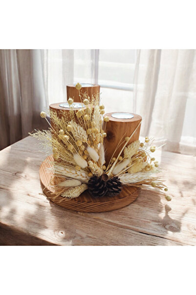 Buket %100 Doğal Ahşap Mumluk Seti/Taban Çapı 20 cm Yükseklik 16 cm/3lü set/A...