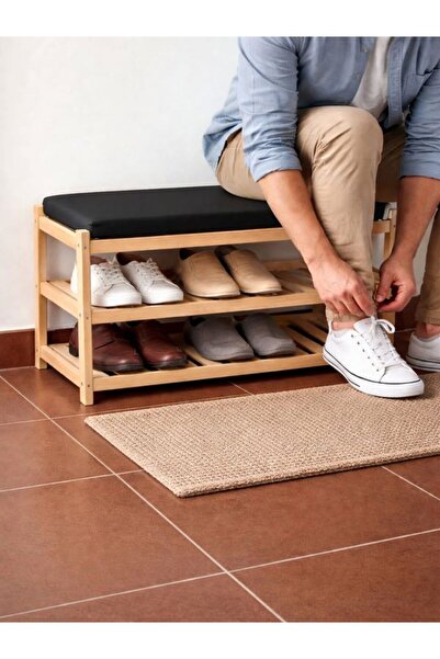 Aşkın Parti Evi 3 Katlı Minderli Ayakkabılık Doğal Ahşap Renk- Antre Hol Ayak...