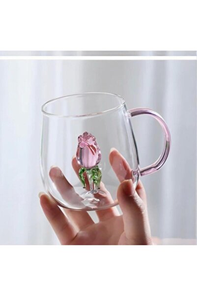 OEM Borosilicate glass mug with 3D rose – 350 ml, pink handle