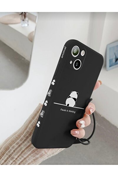 MİRAZ TASARIM iPhone 13 Phone Black Panda Pattern Case with Strap