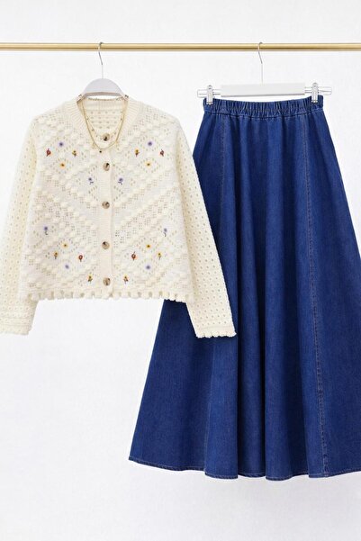 YEDİLALE Tricoted Cardigan with Flowers, Embedded Pockets, Denim Skirt, Two-P...