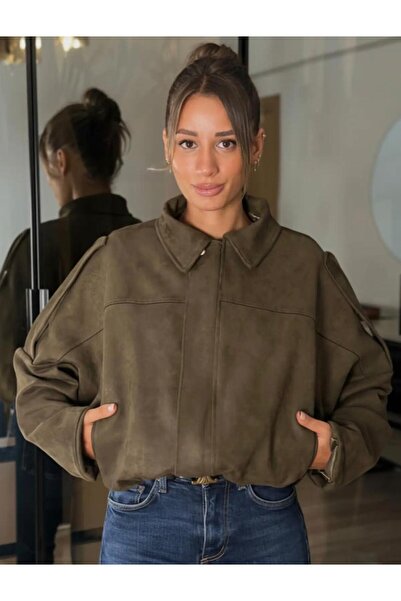 02Lady Fashion Oversized Suede Fabric Jacket with Epaulet Detail