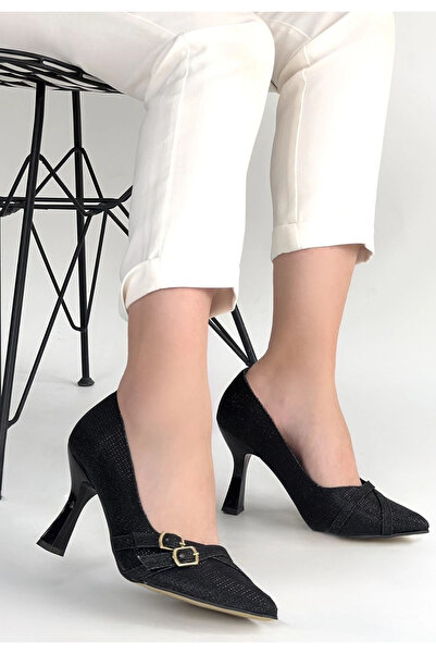 ARMÜZ Wenda Black Glittery Skin Heeled Shoes