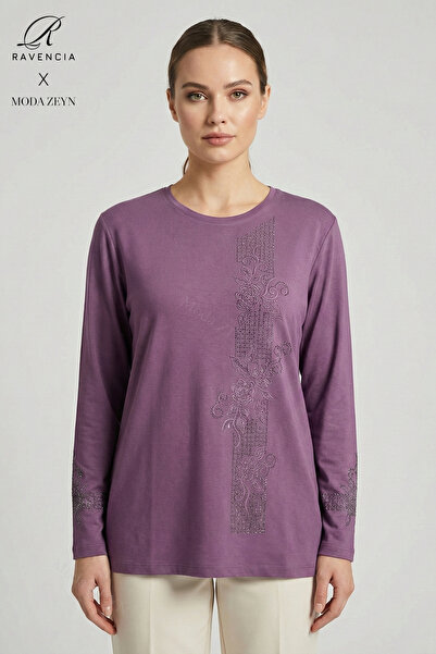 Ravencia Women's Stripe Patterned Collar and Skirt Stoned Embroidered Slit Ly...