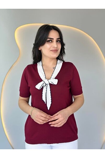 civetta Women's Short Sleeve V-Neck Scarf Detail Mercerized Knitwear Blouse