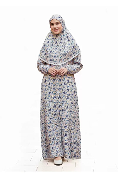 R reisa %100 Pamuk Mavi-Siyah Çiçekli Tek Parça Namaz Elbisesi