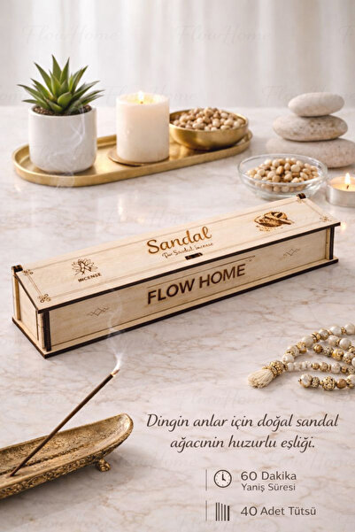 Flow Home Doğal Sandal Ağacı Tütsü ,40 Adet Ahşap Kutulu Çubuk Tütsü, 60 Daki...