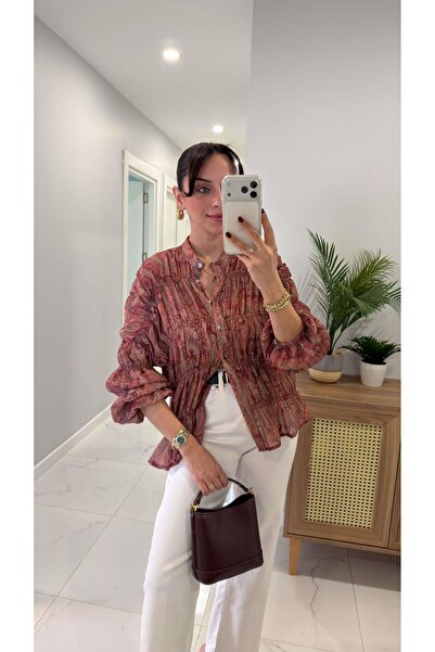 ALVOR Gipe Detaylı Etnik Desenli Hakim Yaka Şifon Gömlek