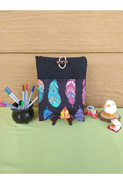 Talay Accessories Black Tablet Case with Colorful Feather Pattern, Fabric Boo...