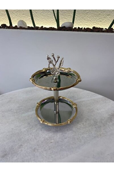 MİMSEGÜN DEKOR 2 KATLI GÜMÜŞ DETAYLI GOLD SUNUMLUK