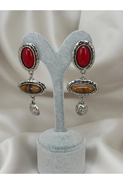 ZS Aksesuar Vintage Red & Brown Stone Dangle Earrings – Antique Silver Design