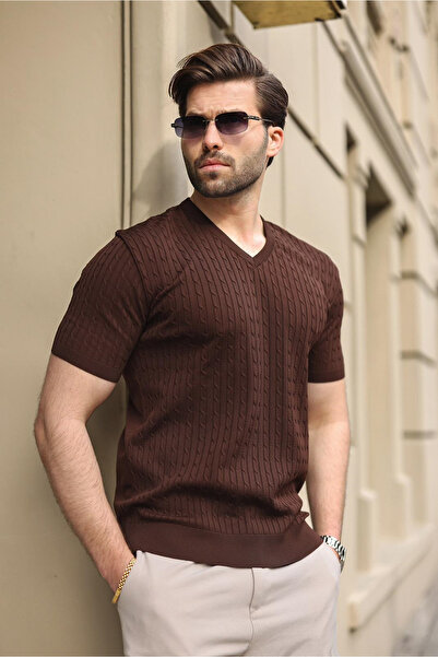 Madmext Smeđa muška majica kratkih rukava sa V-izrezom E7467