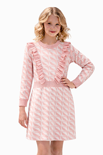 Diva Exclusive Fashion Girls' Powder Pink Knit Dress with Ruffled and Geometr...