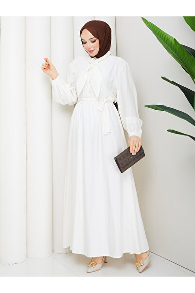 RACE FASHİON Scarf Collar Buttoned Strawberry Fabric Hijab Dress Rc6038