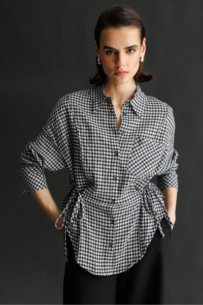 Mixray 4838 Kadın Yandan Bağlamalı Pötikare Gömlek Siyah