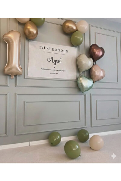 Çemrek Süs Parti Yaş Balonlu Doğum Günü Konsept Mint Kahve Bej Krem Kalp foly...