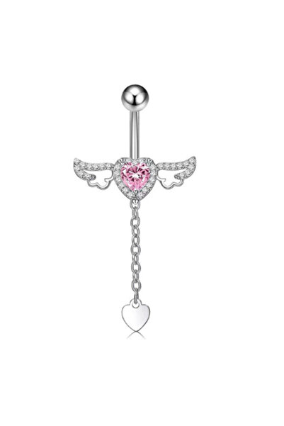 TakıLabirenti Kanatlı Kalp Figürlü Göbek Piercing, Sallantılı Pempe Kalpli be...