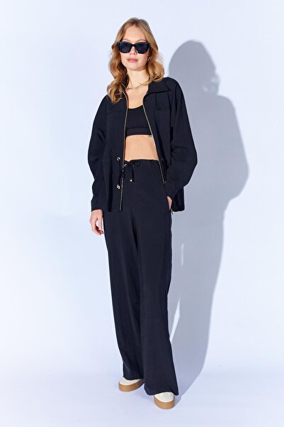 TENA Women's Black 155 Zippered Tie-Up Jacket Loose-Fit Pants Set