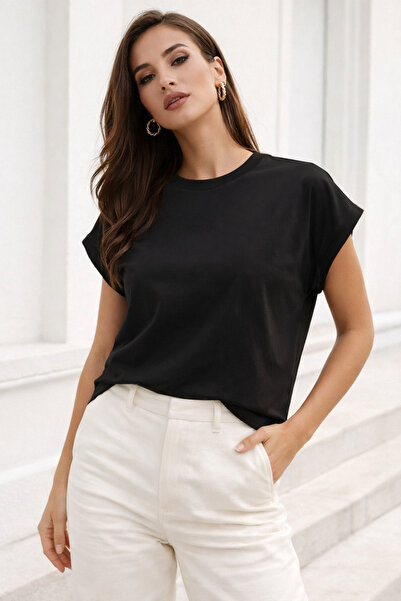 Rich Γυναικείο μαύρο βαμβακερό μπλουζάκι με διπλό μανίκι και λεπτομέρεια, άνε...