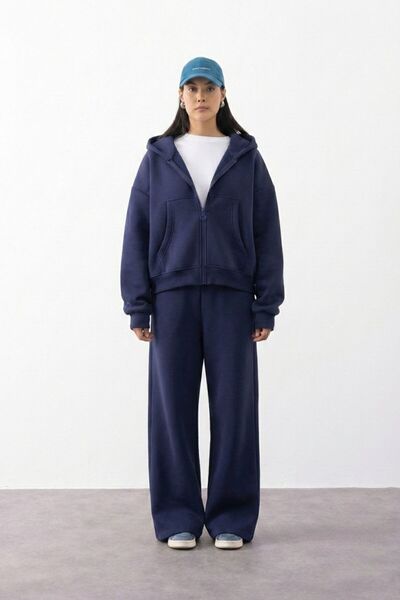 gothamvibes Women's Chill Wide Leg Navy Blue Sweatpants