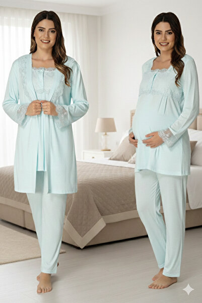 lohusahamile Lace Dressing Gown Cotton Long Sleeve Maternity Pajama Set